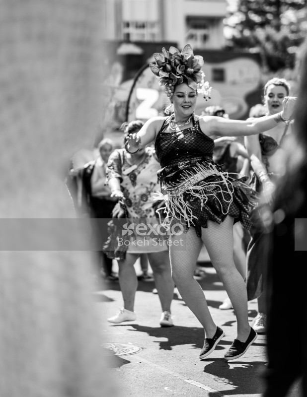 Females dancing at Aro valley Fair 2021 black and white
