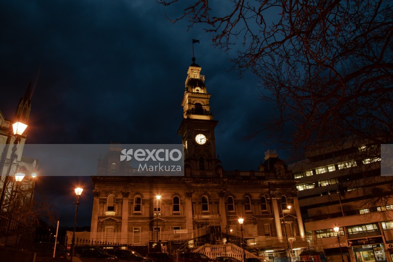 Dunedin Town Hall and clock tower at night