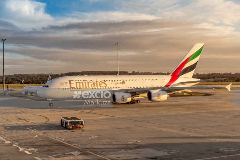Golden hour Emirates A380 airplane