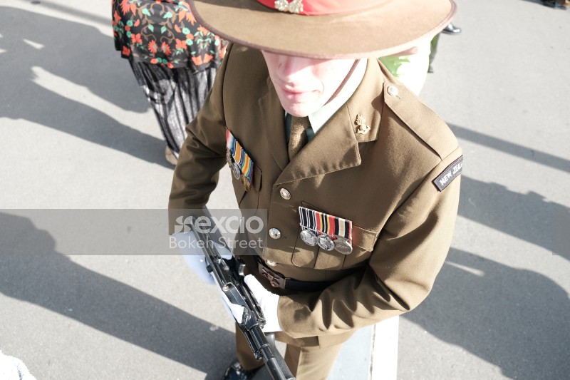 Soldier with medals on chest on Anzac Day 2017