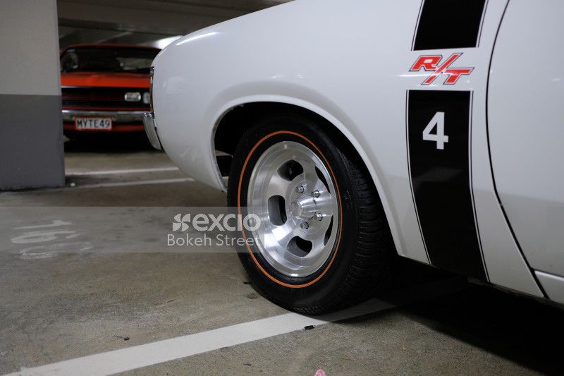 Classic white muscle car R/T racing stripe