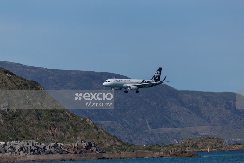 AIR New Zealand jet by the rocky coastline