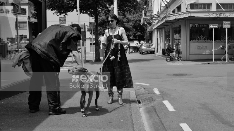 Man petting a lady's dog in the street black and white