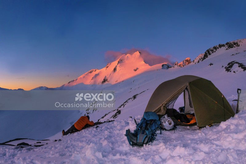 Camp above Brewster Glacier at sunset