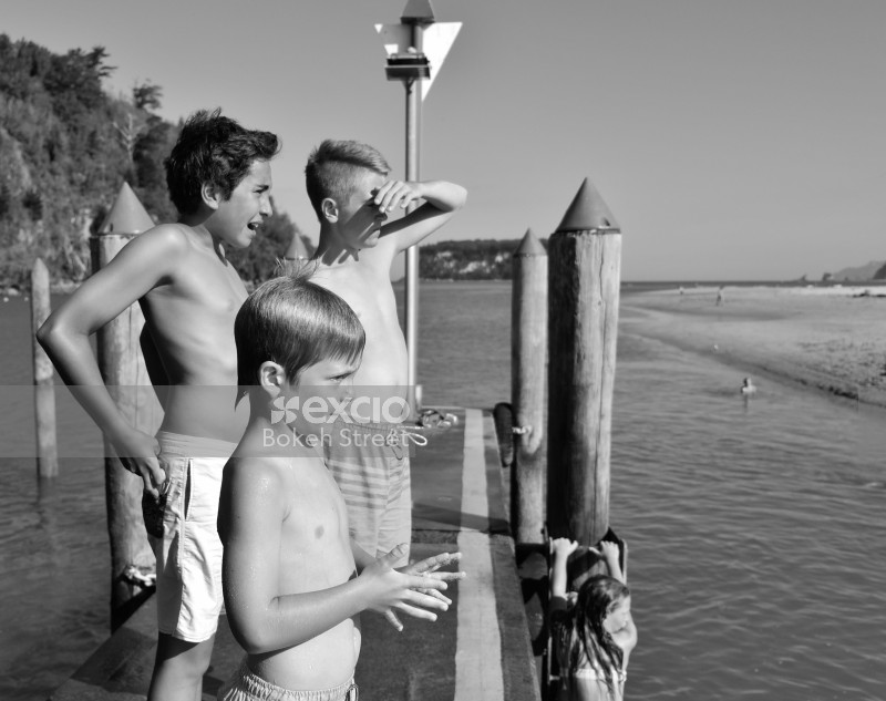 Shirtless young boys on a pier black and white