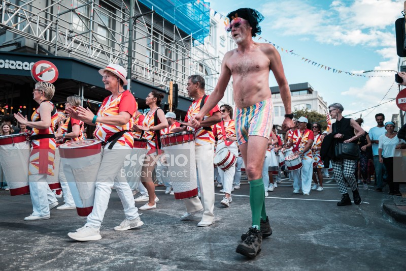 Old man in striped underwear and green socks at Cuba Dupa festival 2021