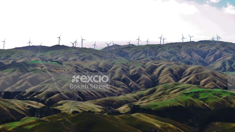 Wind farm on grassy mountains Ohariu Wellington