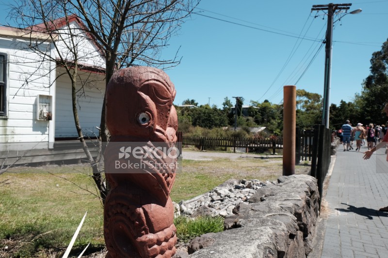 Māori sculpture on a rock at Whakarewarewa
