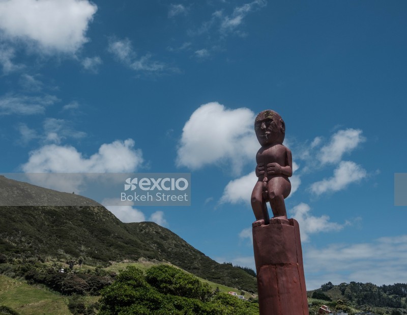 Māori Carving statue (Powhenua) hills in the back