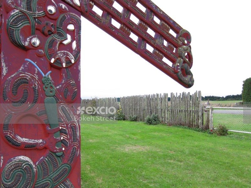 Maori carving on Marae and lawn