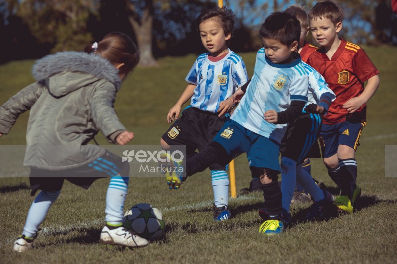 Little boys and girls playing soccer