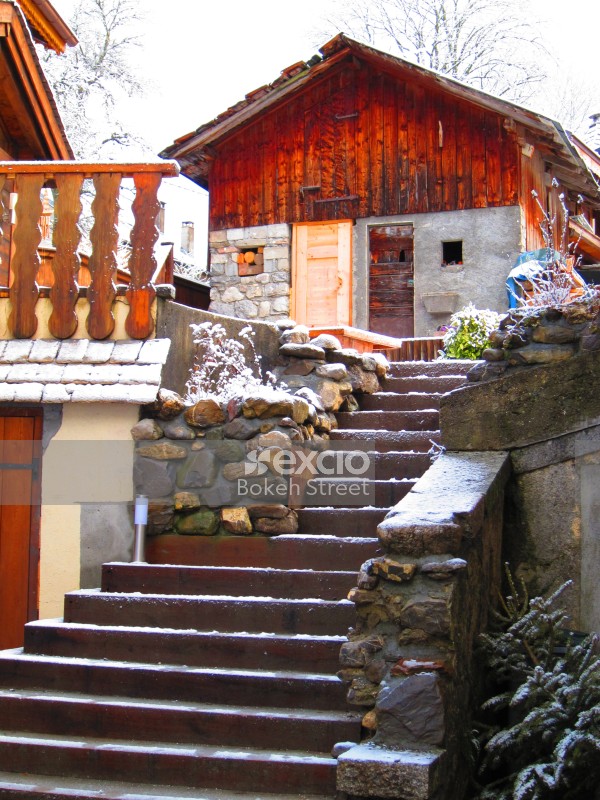 Stairs leading up to a hut in the Swiss Alps