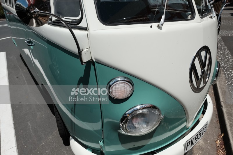 Turquoise VW Kombi van split window frontal