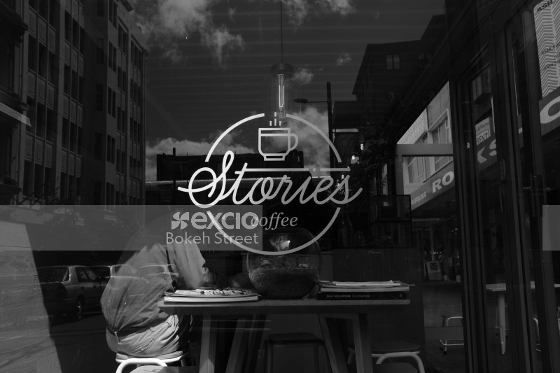 Reflection on stories coffee shop monochrome