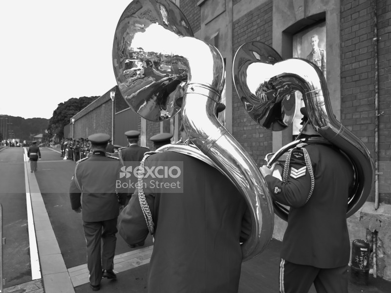 Air-force brass band sousaphone Anzac day black and white