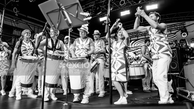 Drum and bell performance at Cuba Dupa 2021 monochrome