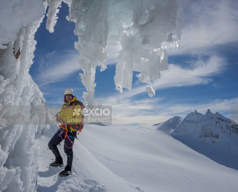 Climber, icicles, Ruapehu