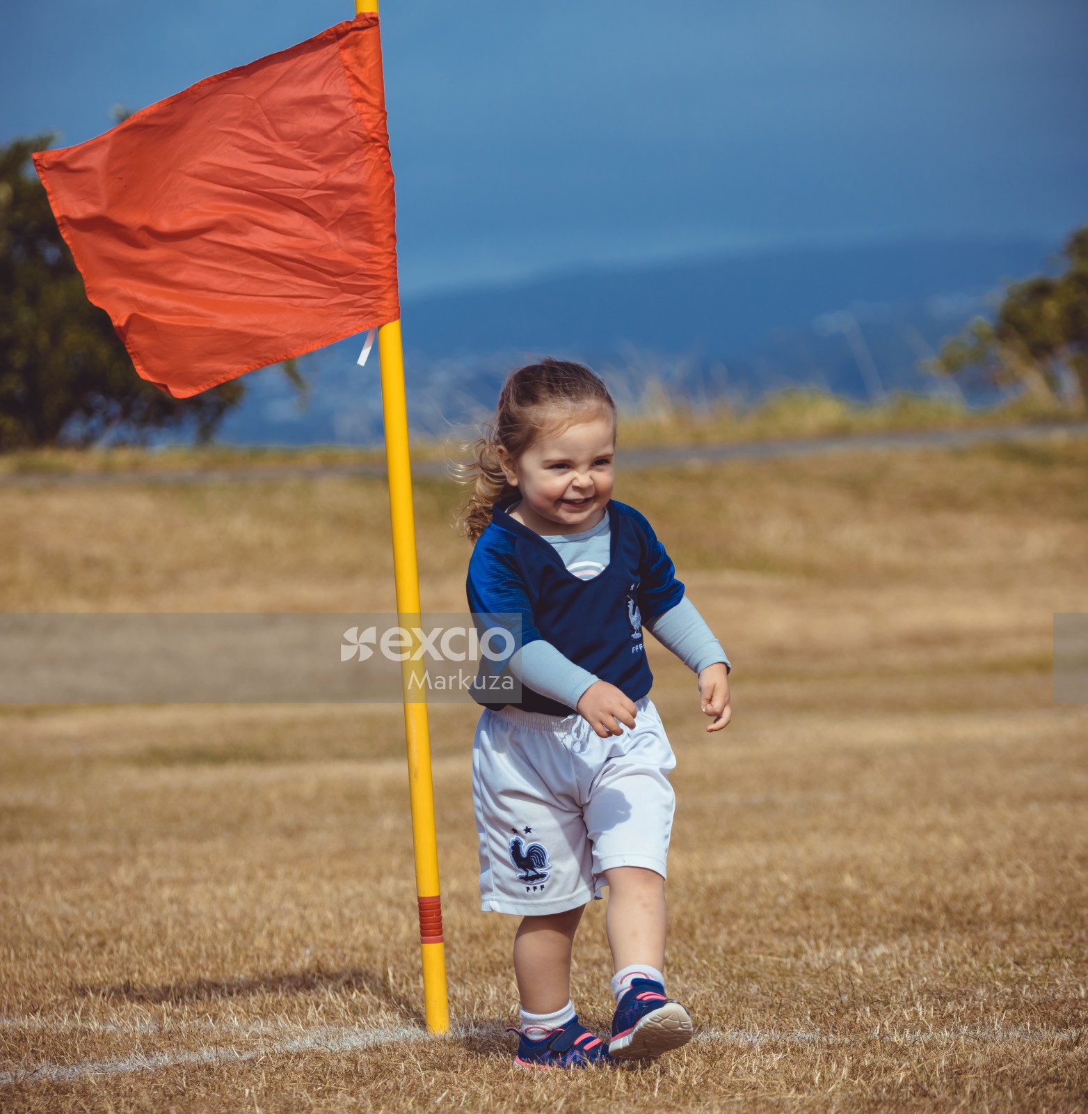 Little girl in French team kit standing with yellow pole and red flag - Little Dribblers