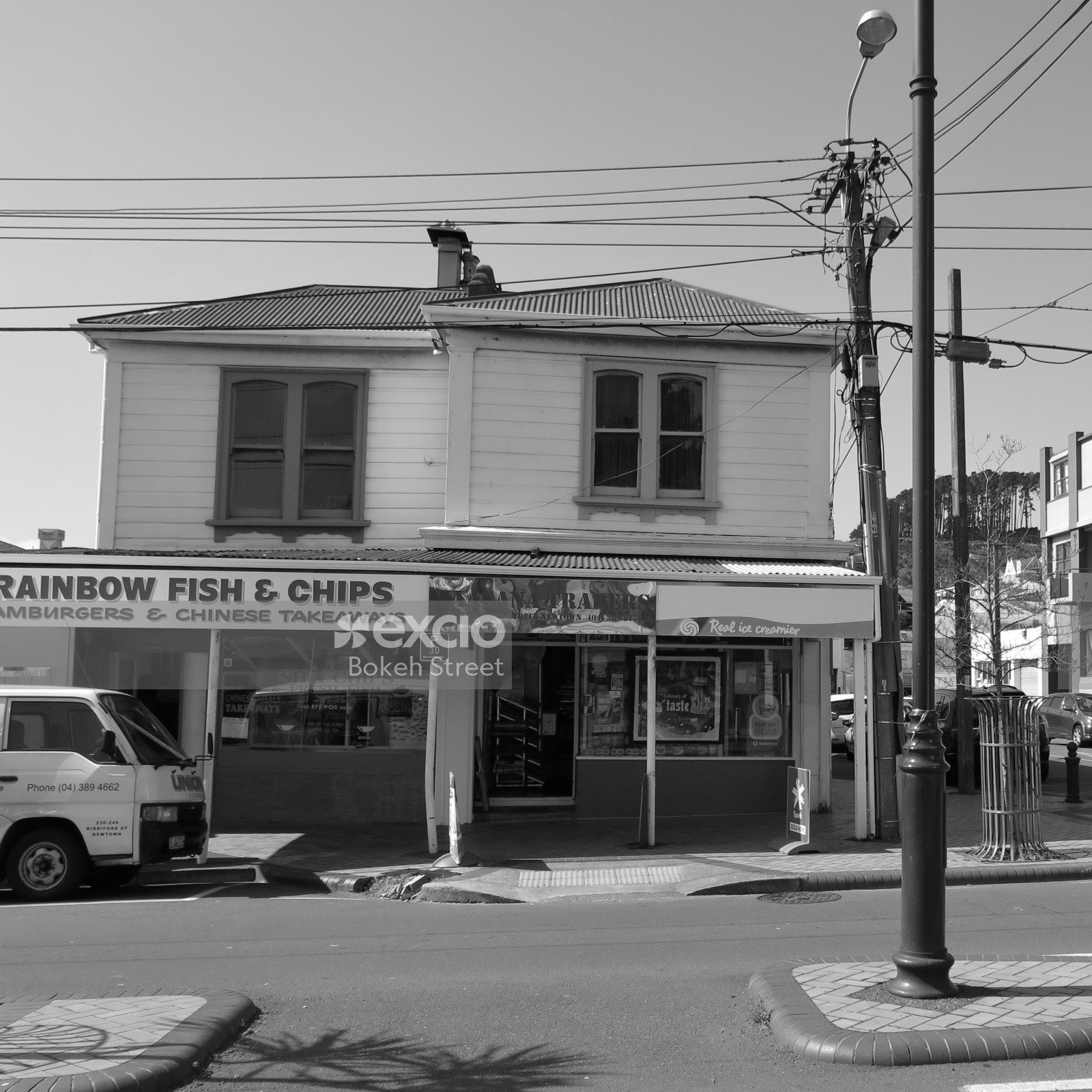 Rainbow fish and Chips shop in Newtown black and white
