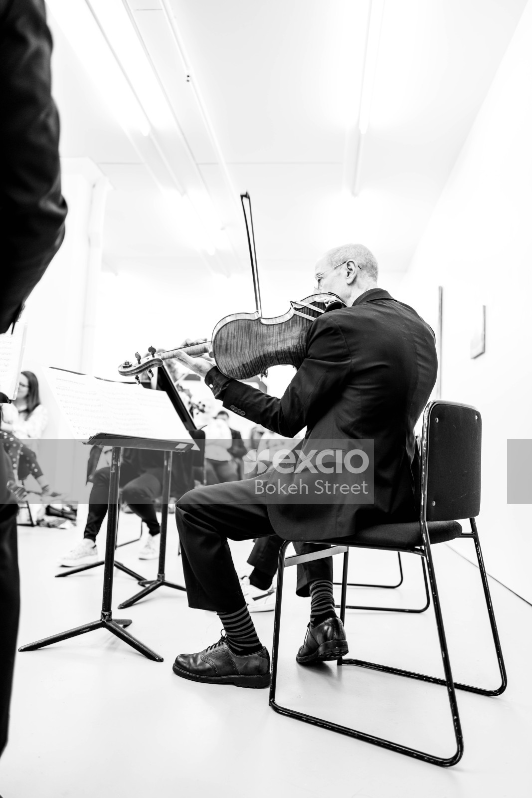 Musician performing for a crowd with a violin black and white