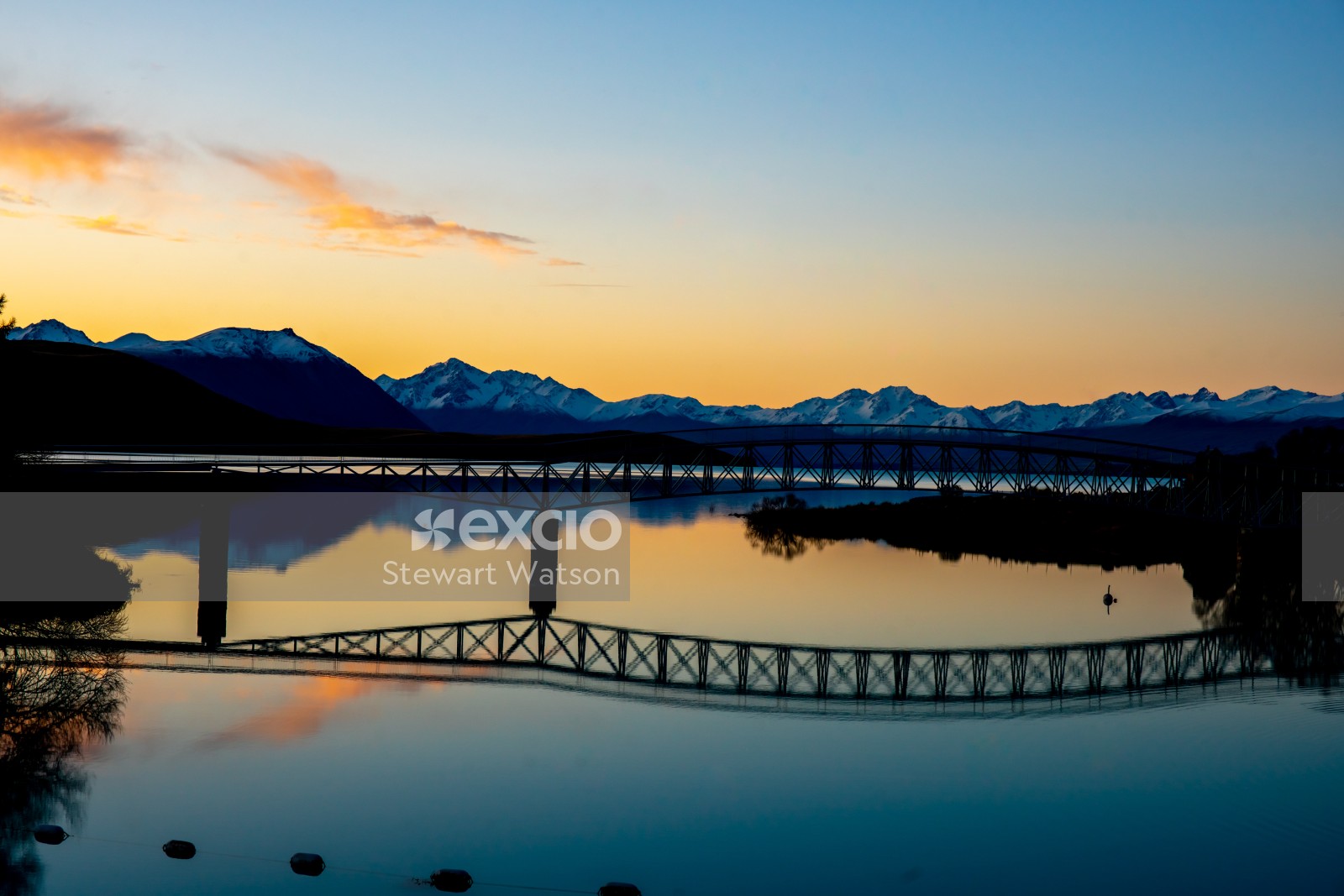 Lake Tekapo suspension bridge at dusk