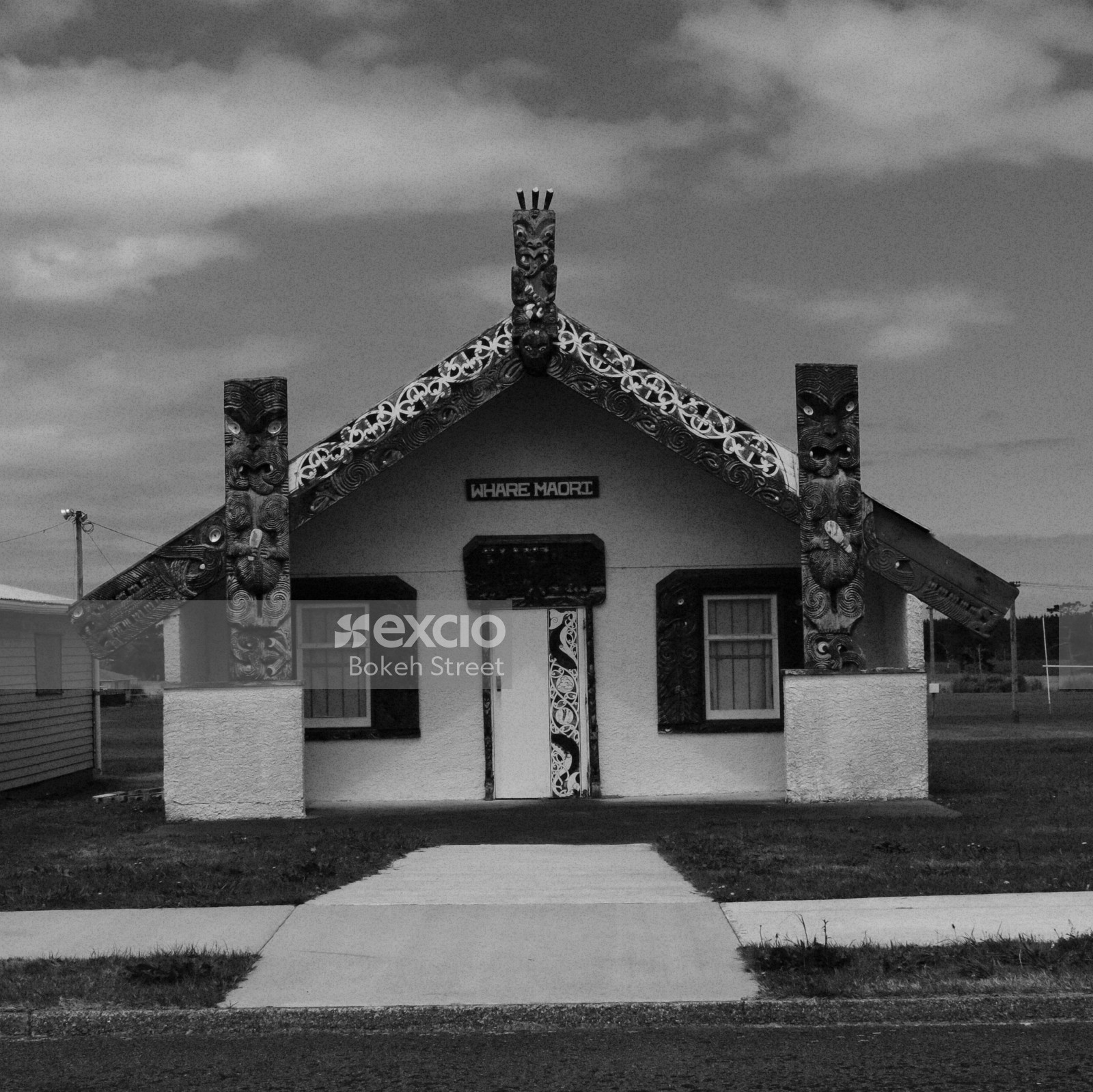 Maori architecture carving at Whanganui monochrome