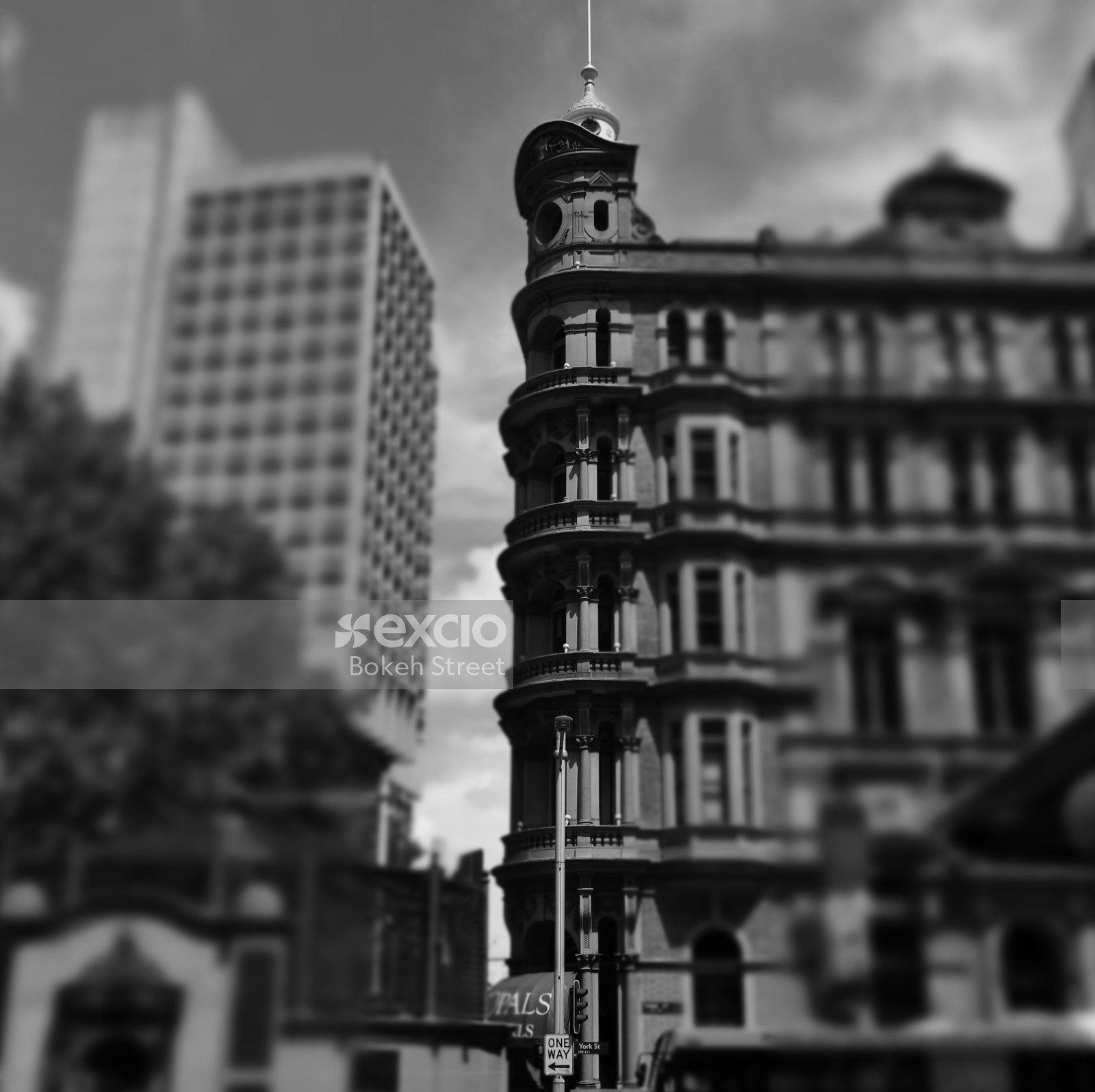 Old and new architecture in Sydney monochrome bokeh