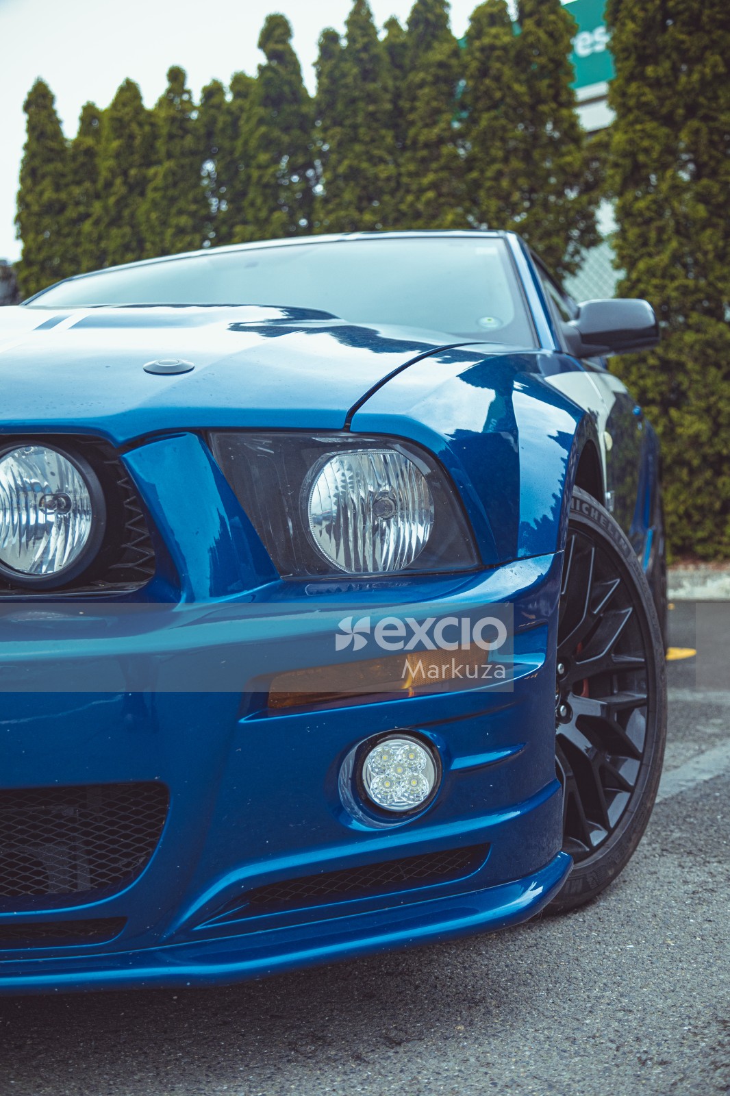 Blue Ford Mustang's headlight and alloy wheel