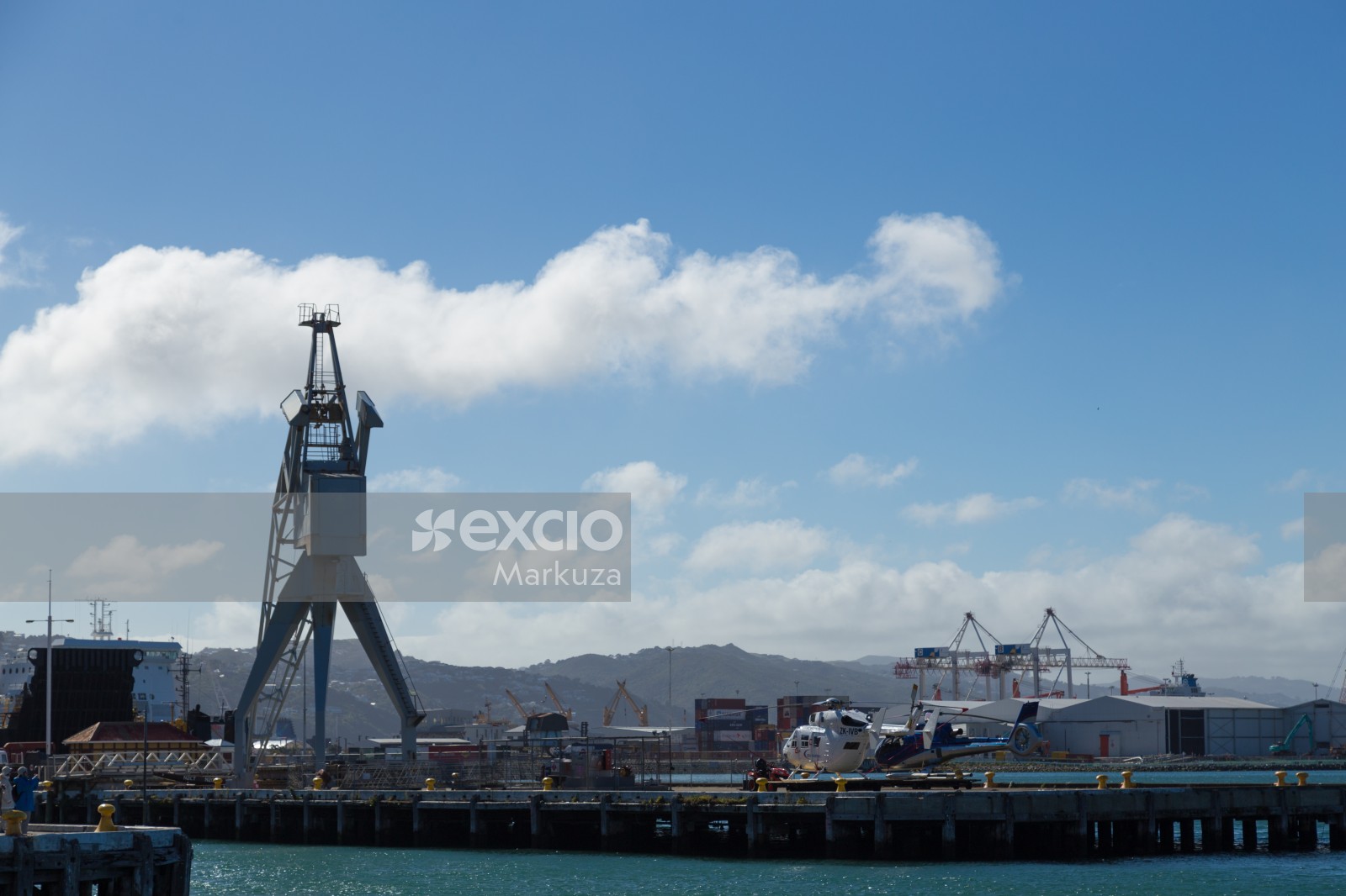 Wellington harbour cranes and helicopters