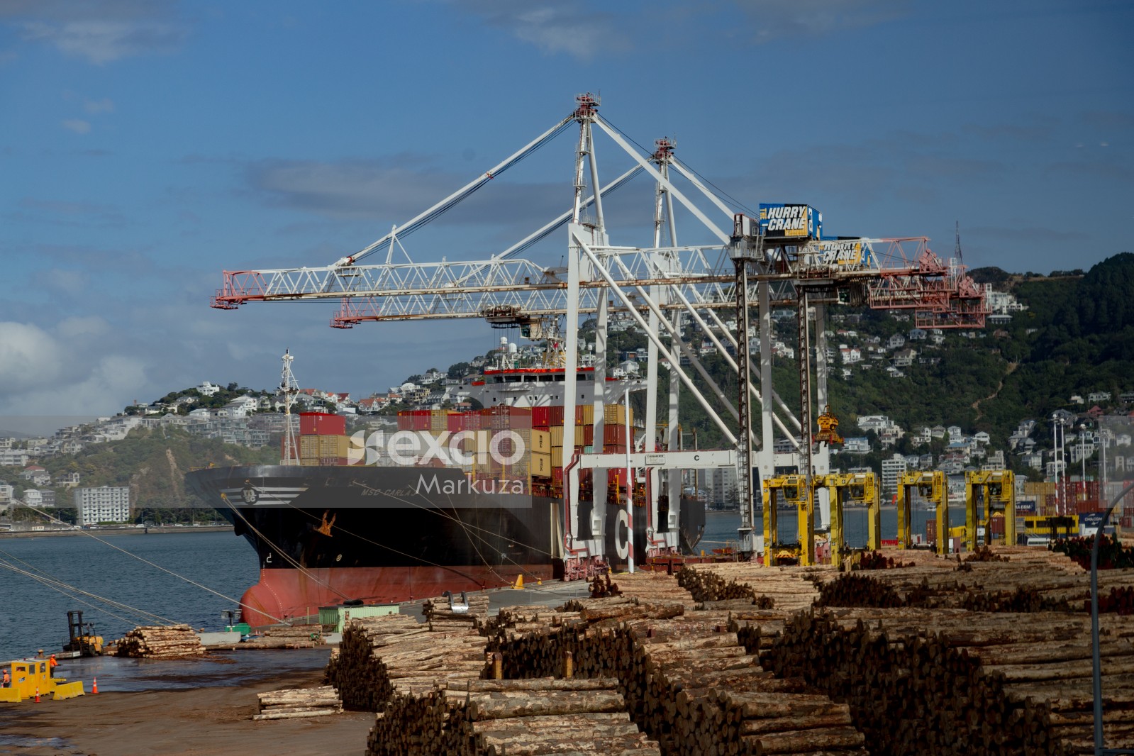 Cranes at the harbour loading cargo ships and logs