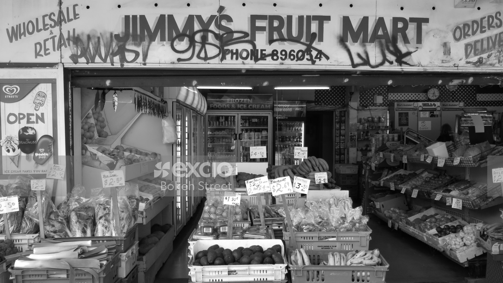 Stocked Jimmy's fruit mart in Newtown black and white