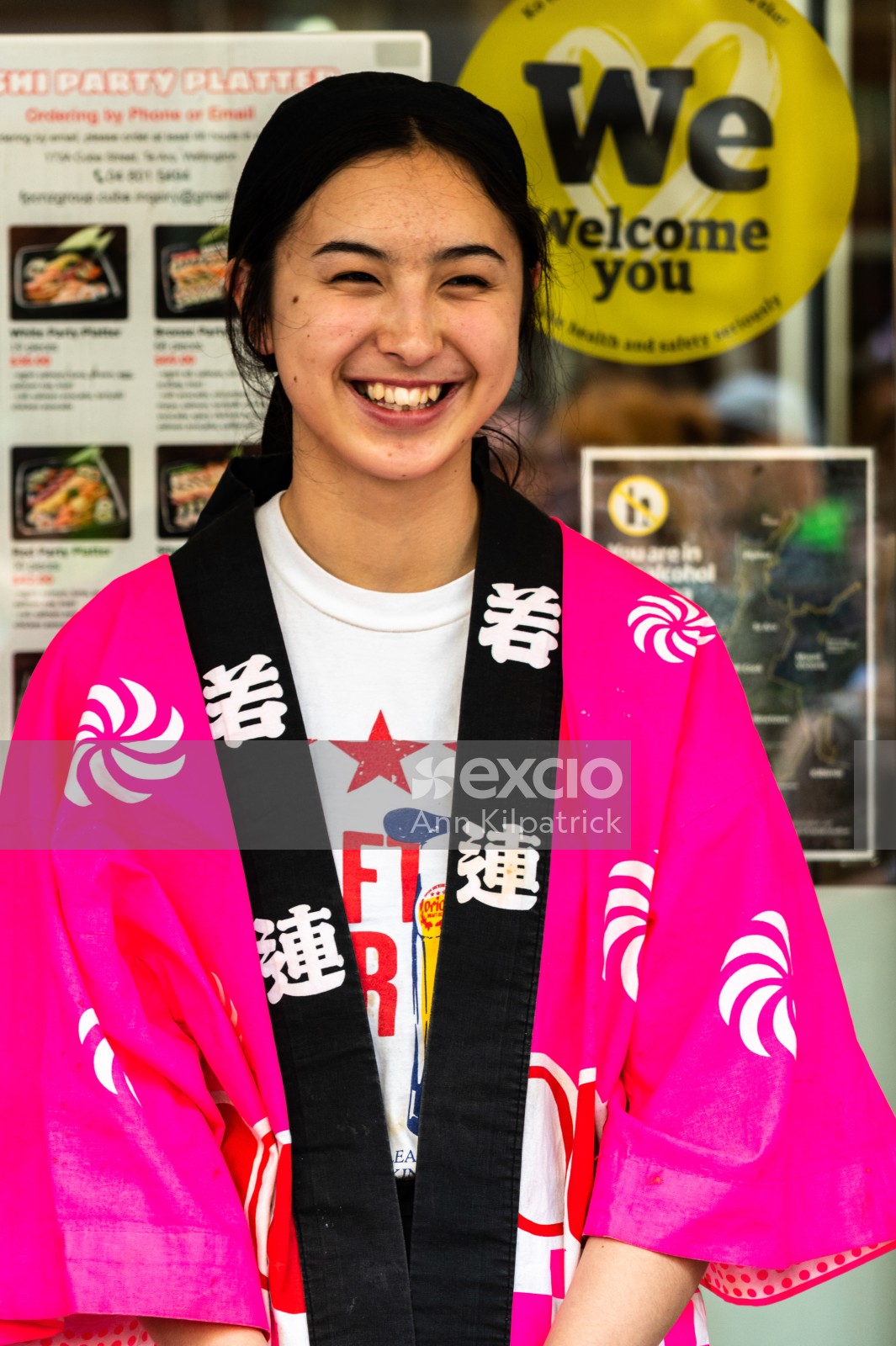 Food stall holder in kimono