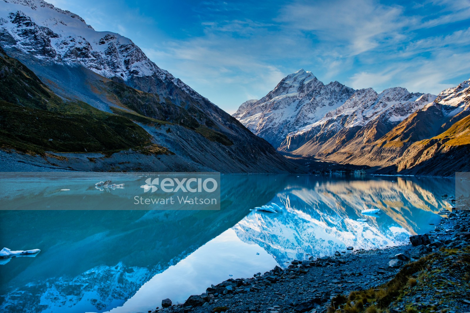 Hooker Valley lake icebergs and reflections