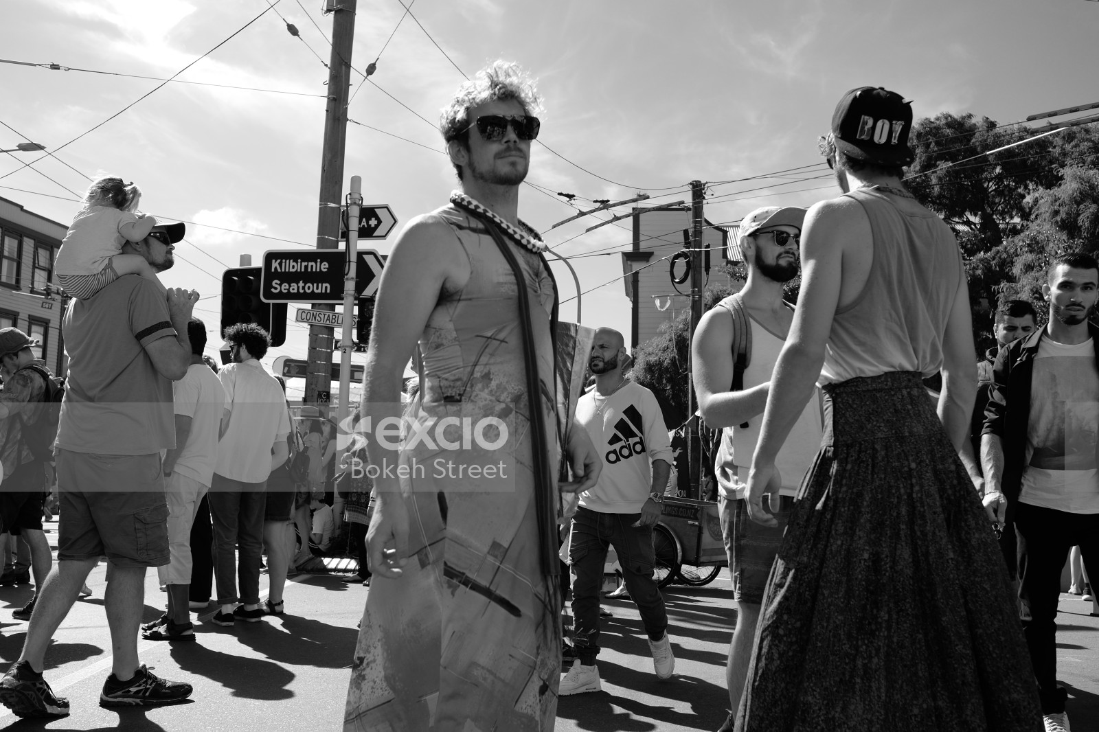 Two guys in dresses at Newtown festival 2021 monochrome