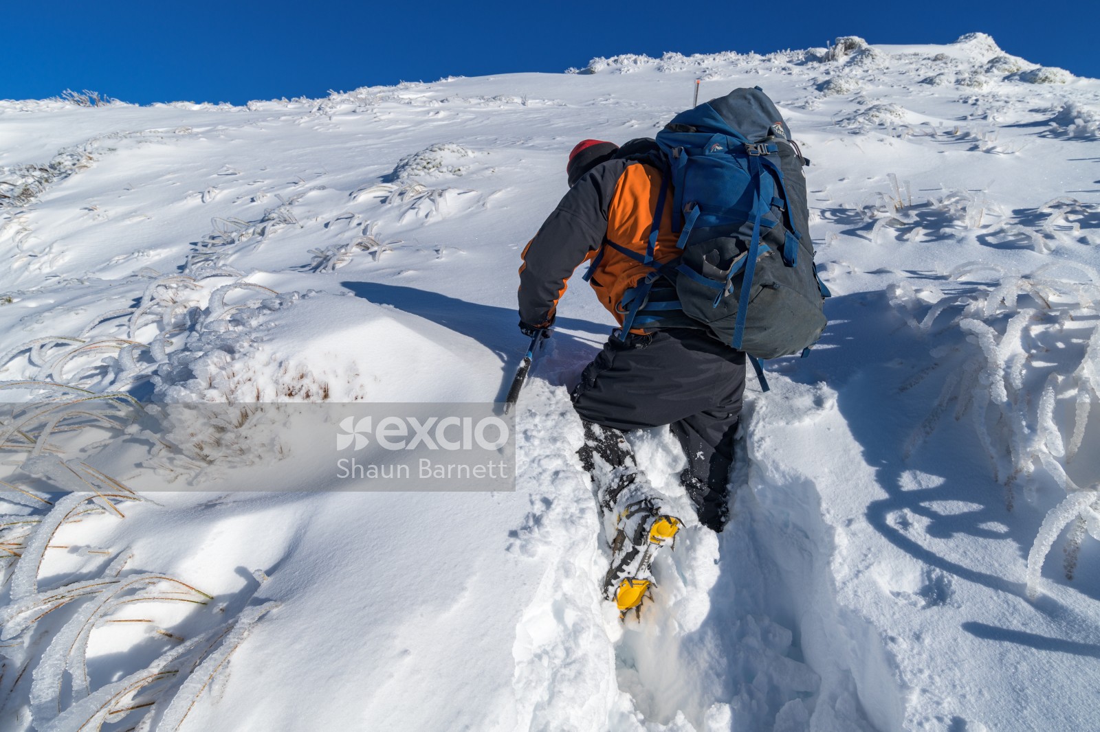 Mountaineer in deep snow, Tararua