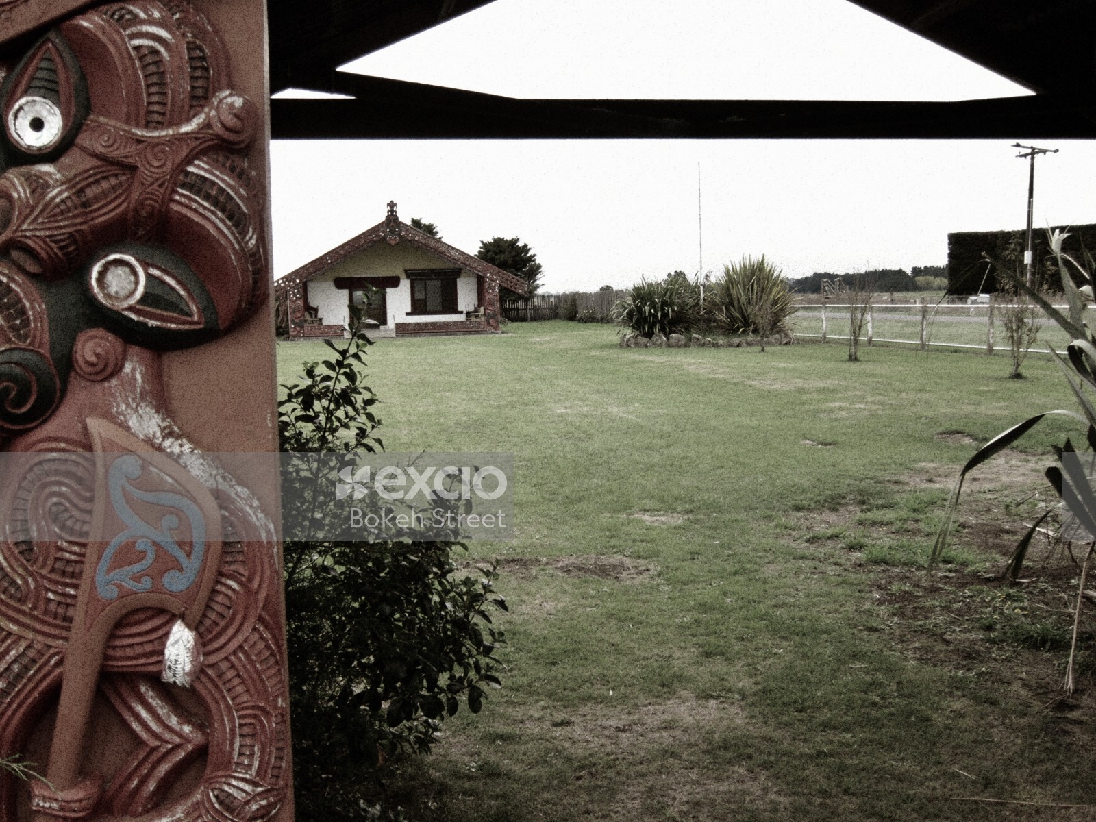 Maori carving Marae front yard and plantation