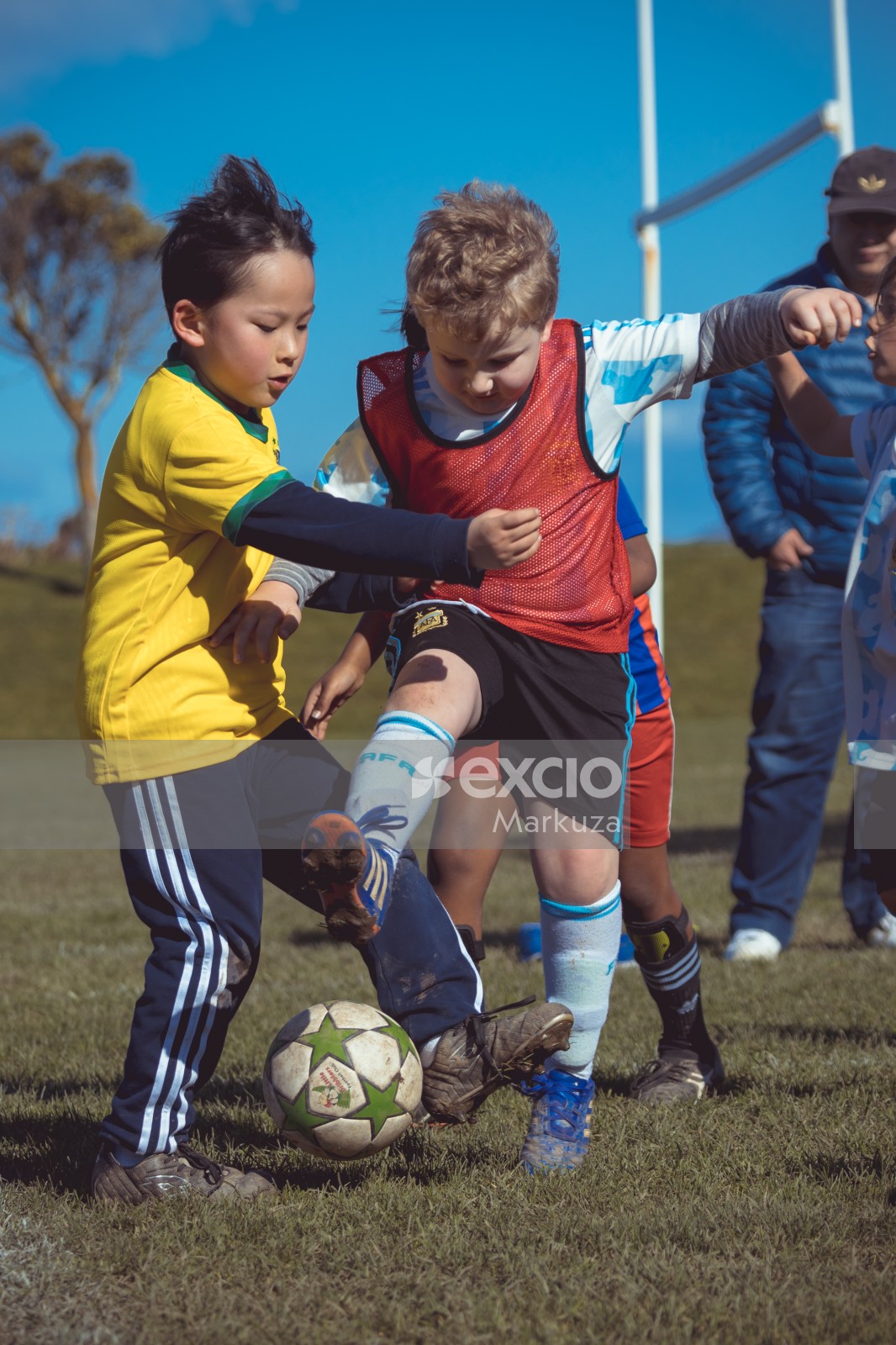 Young boys kicking a football during a football match
