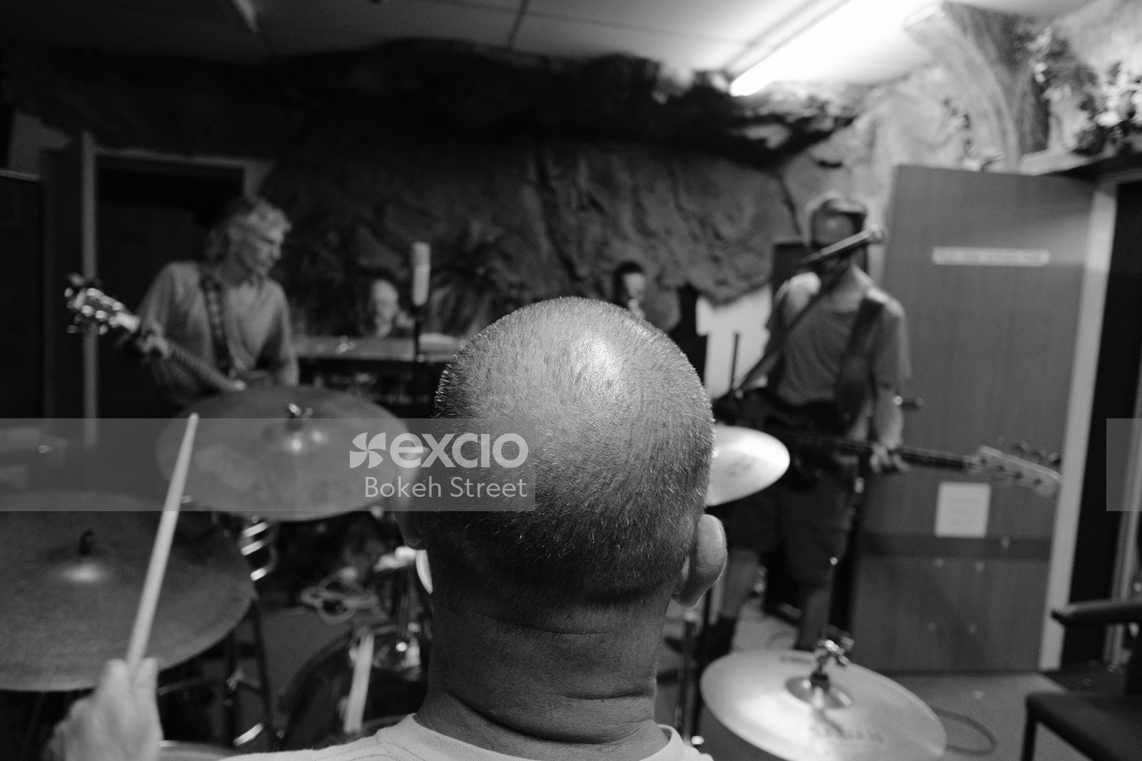 Drummer's view of the practice of "Vietnam" band monochrome bokeh