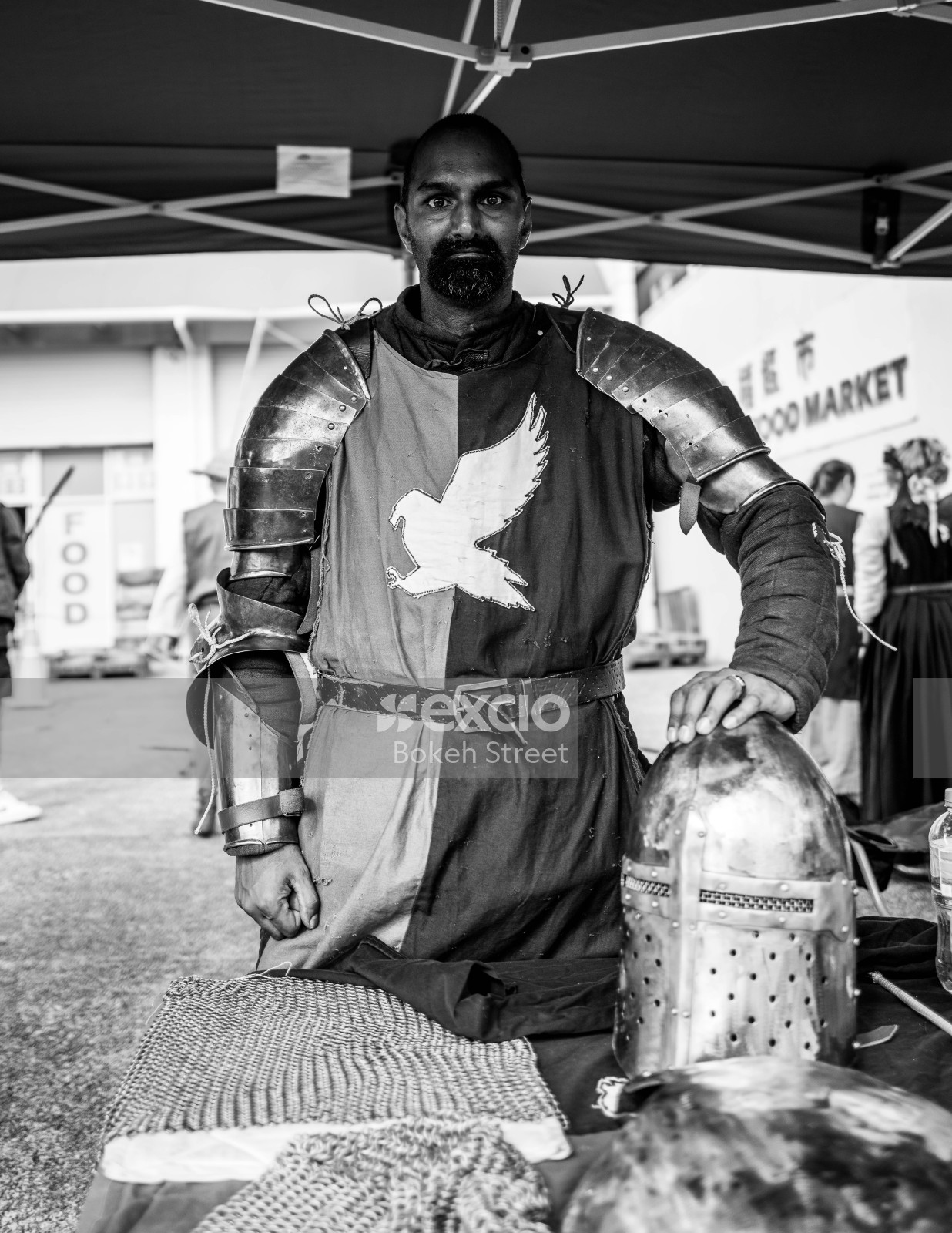 Man in knight costume at Newtown festival 2021 monochrome