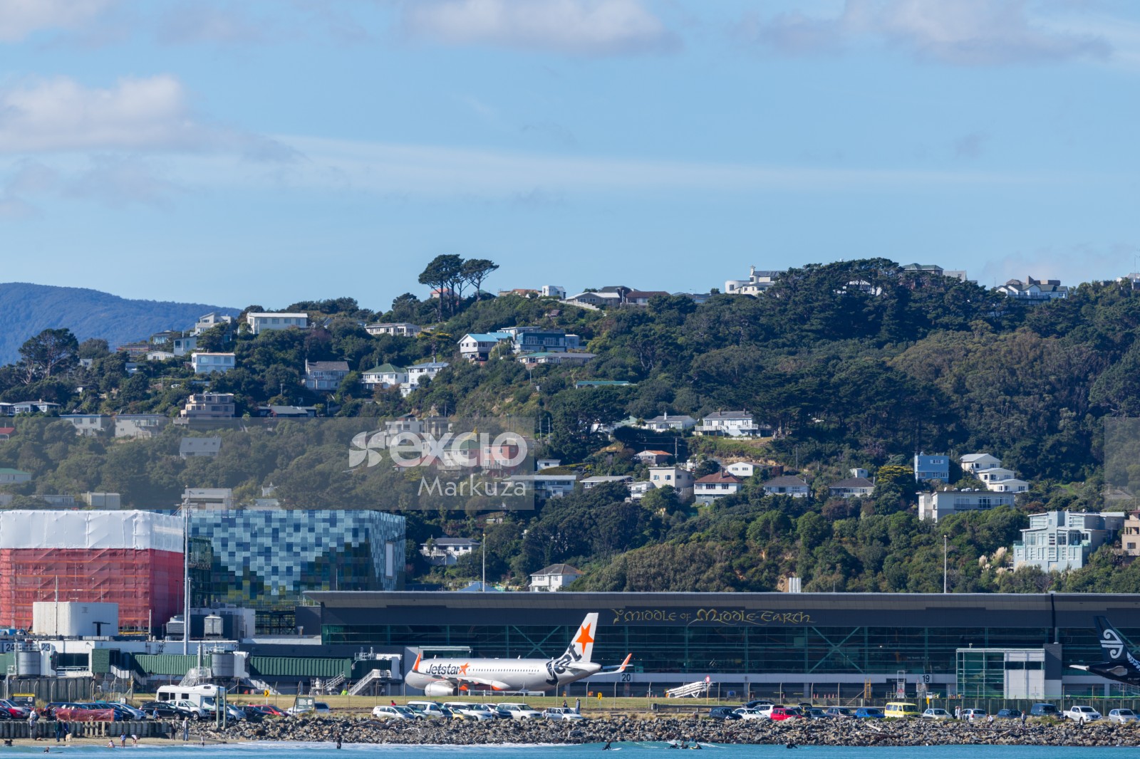 Wellington airport and rocky shoreline