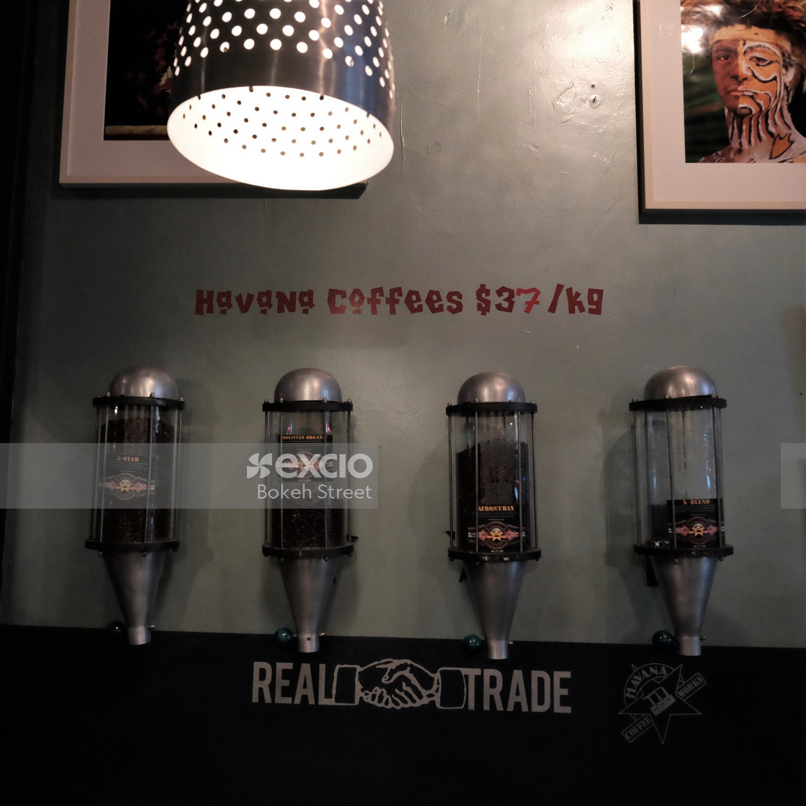 Coffee bean dispensers at a coffee shop