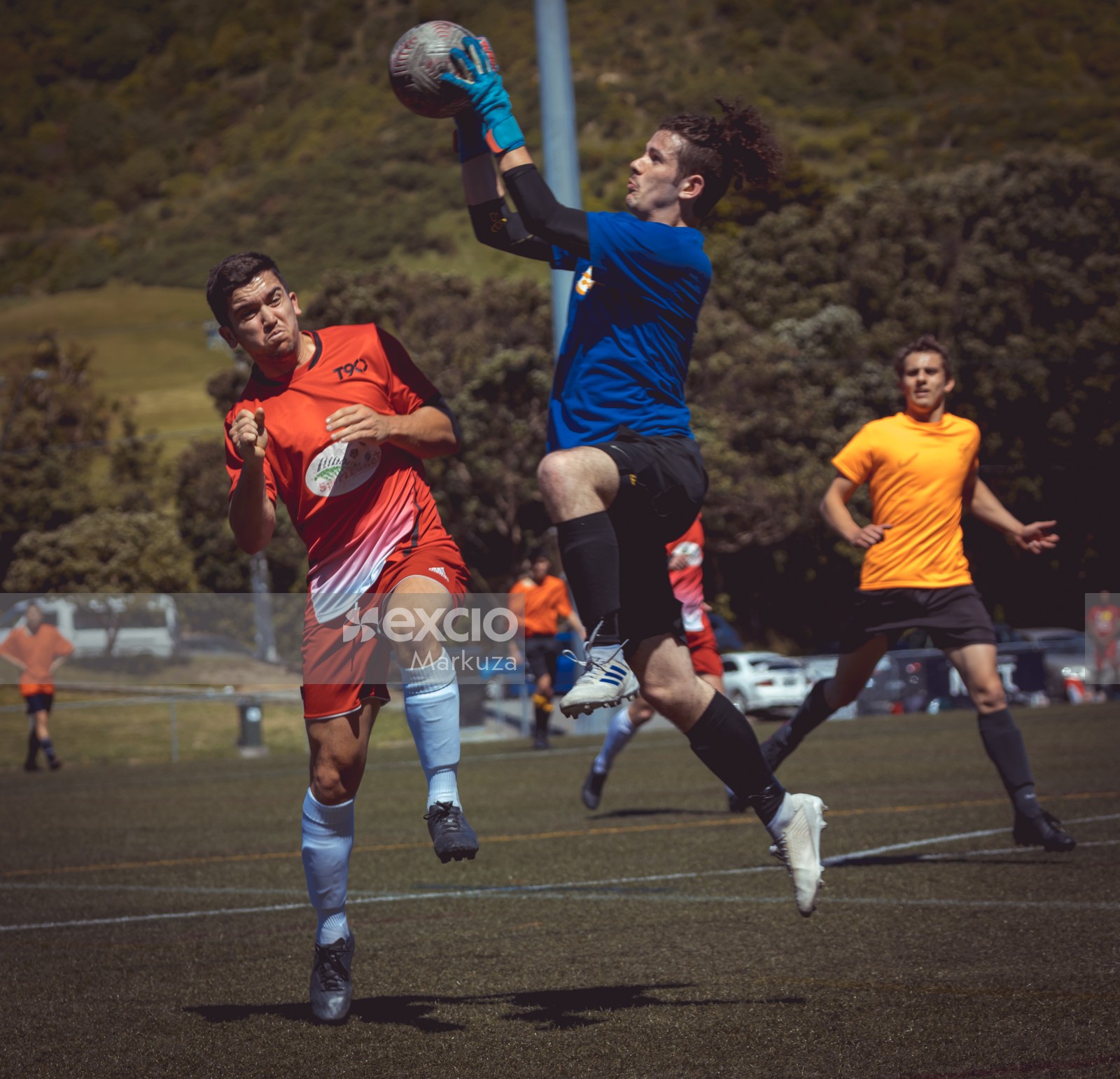 Goalkeeper wearing blue shirt catches ball midair - Sports Zone sunday league