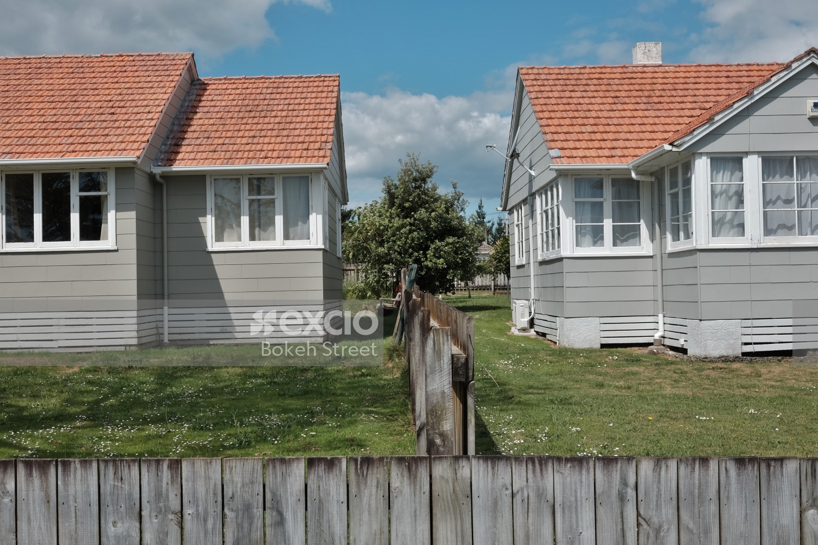 Backyard of two state houses and wooden fence